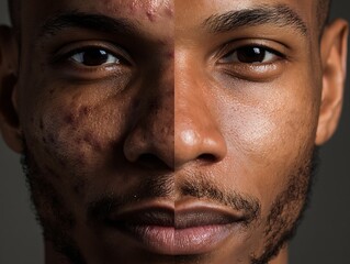 Obraz premium Close-up face of black man showing acne, pimples, and clear smooth skin after treatment, dermatology skincare transformation and healing concept