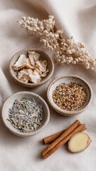 Tranquil arrangement of herbs, ginger, and cinnamon on soft neut