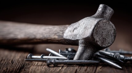 Close-up view of a claw hammer and nails on a wooden surface.