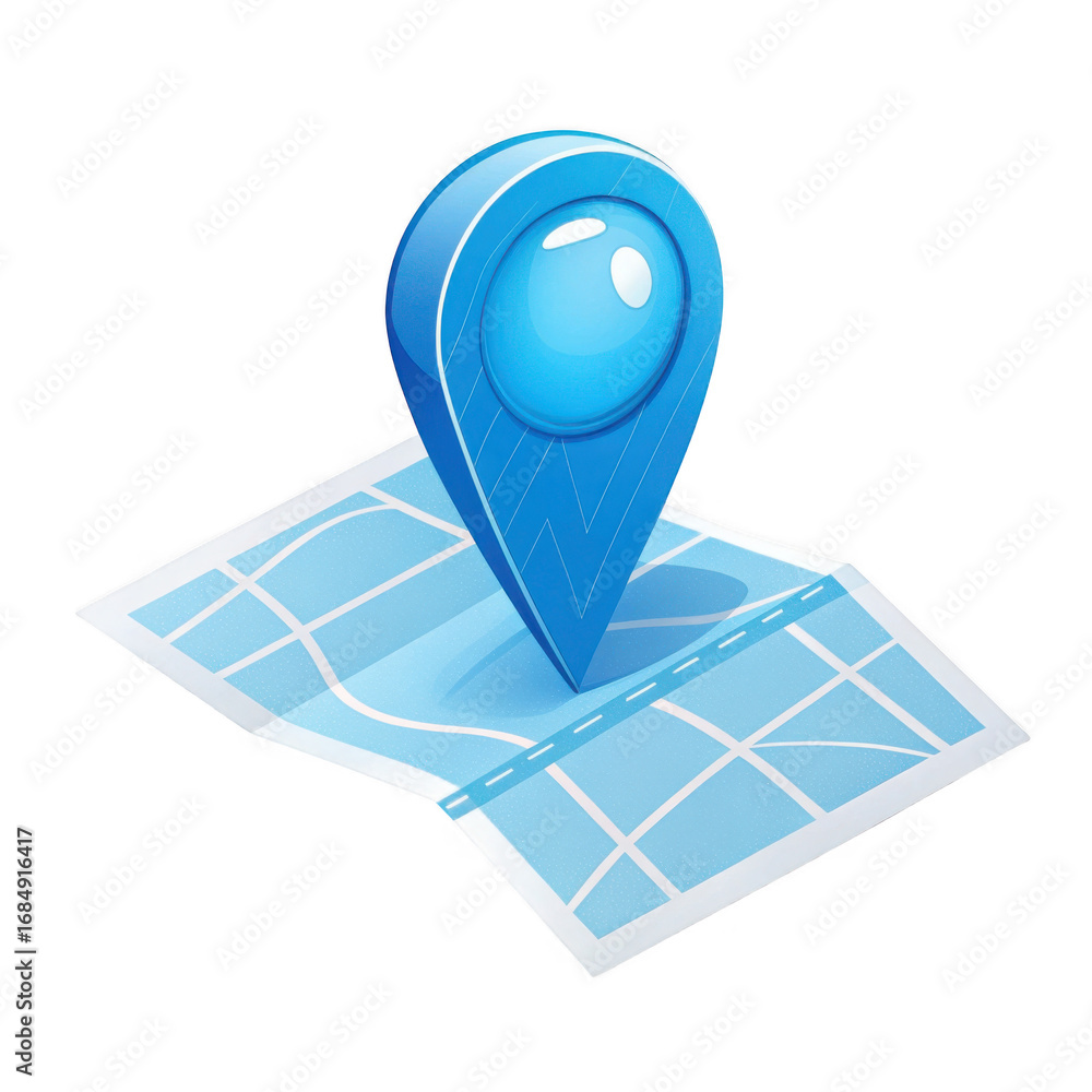 Poster blue location pin marker on a folded map isolated on transparent background