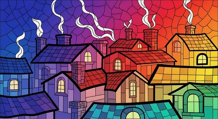 Obraz premium Colorful Village Rooftops at Dusk Stained Glass Style
