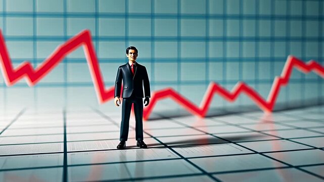 Businessman standing confidently on financial graph with red chart line showing fluctuating data performance trend