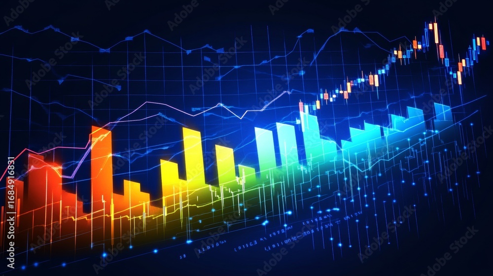 Poster dynamic stock market analysis trend visualization with upward performance and colorful elements.