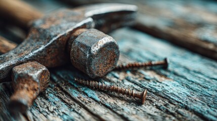 Close-up of rusty tools on weathered wood.