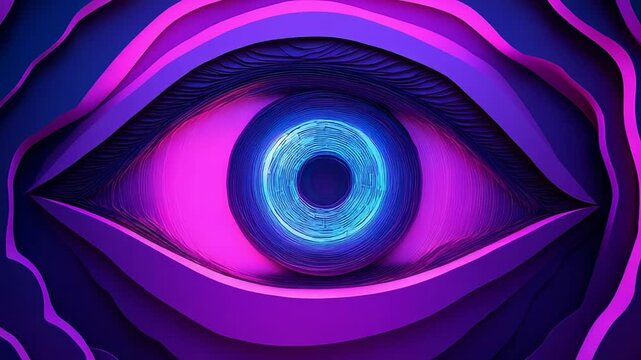 Eye emerging from layered purple and pink paper cutout