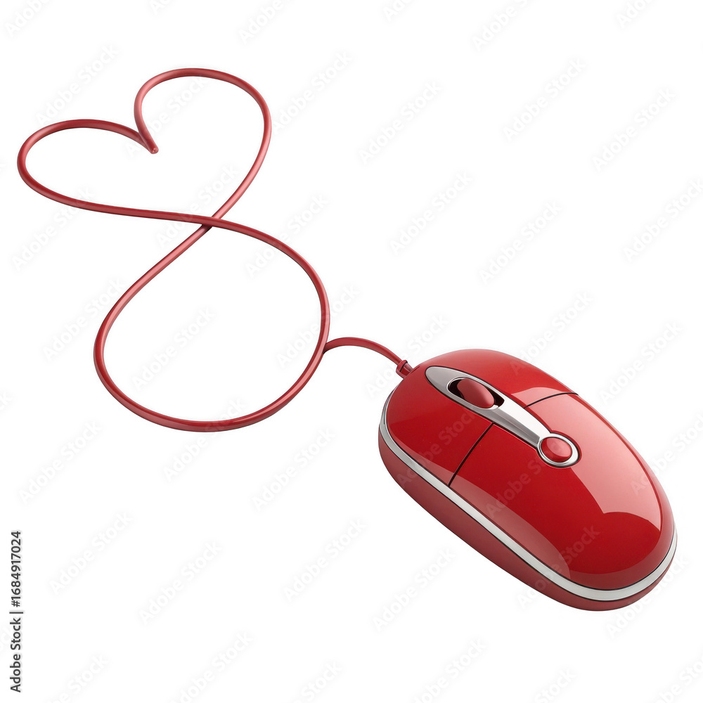 Poster red computer mouse with cord forming a heart shape isolated on transparent background