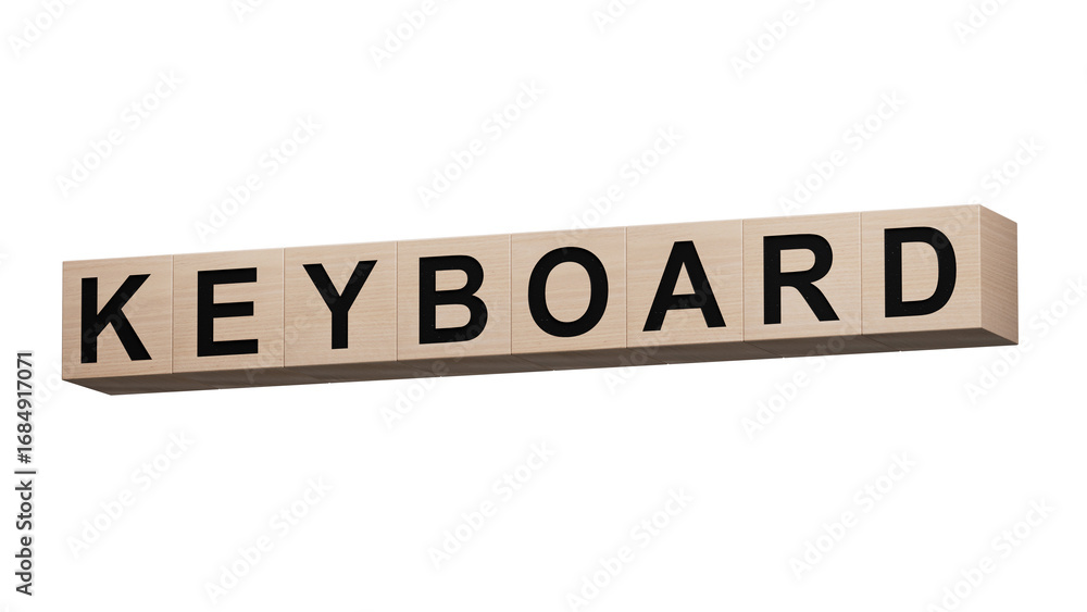 Poster keyboard.wooden cubes spelling.flat lay view from above on orange background with wooden cubes butto