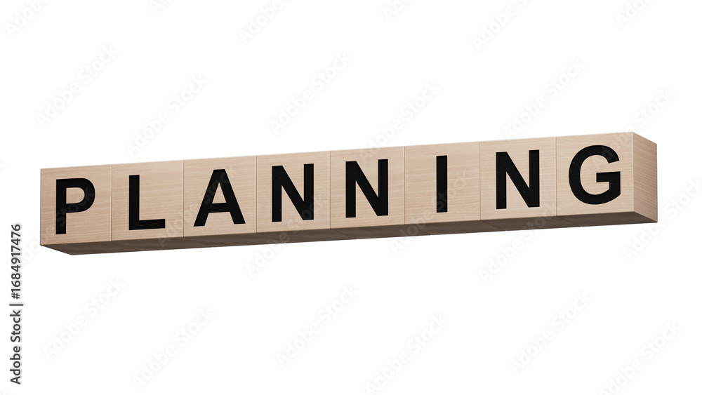 Poster planning.wooden cubes spelling.flat lay view from above on orange background with wooden cubes butto