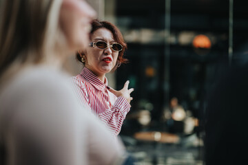 A group of business professionals engaged in a conversation outside, capturing a candid moment with...