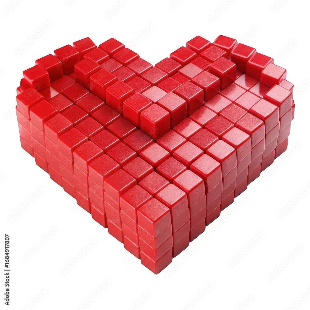 Poster red pixelated heart shape constructed from small cubes isolated on transparent background