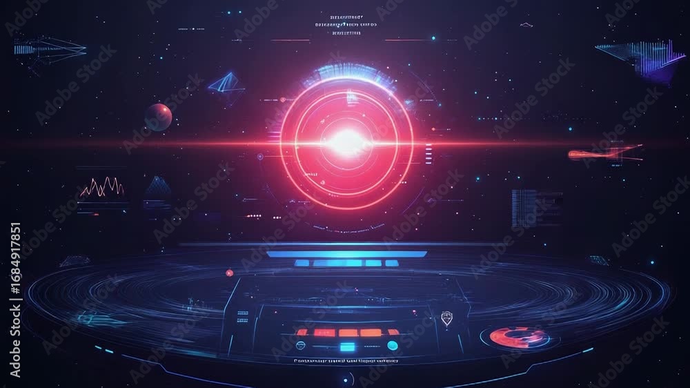 Poster futuristic spaceship cockpit navigating through space with holographic control panel showing data an