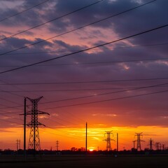 Fototapeta premium Dramatic power lines silhouetted against a vibrant sunset sky, perfect for energy, industry, and infrastructure themes.