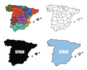 Collection of Spain map illustrations with regions, outline, and silhouettes.Vector illustration