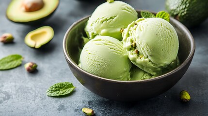 Green avocado pistachio coconut ice cream scoops in bowl