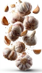 Fototapeta premium Garlic bulbs and cloves levitate, speckled with spice