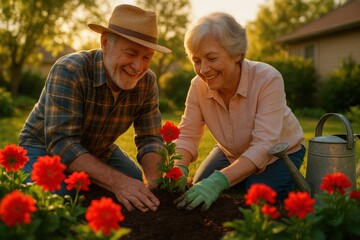 Smiling senior couple gardening together planting red flowers on a sunny afternoon
