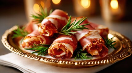 A tempting platter of rolled meat snacks is beautifully garnished with fresh rosemary, creating an appetizing display perfect for culinary lovers and food photography.