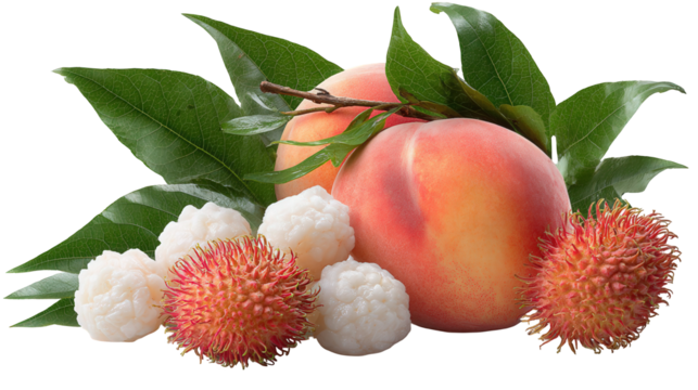 Ripe Peach and Rambutan with Green Leaves on Transparent Background