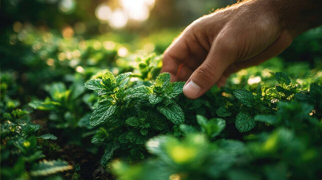 Close-up of hand touching fresh mint plants in garden