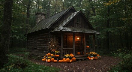 Cozy Rustic Log Cabin in Dark Forest with Autumn Pumpkins and Warm Light, decorated for Fall or Halloween