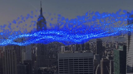 Animation of blue spots over cityscape - Powered by Adobe