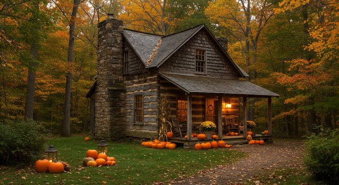 Charming log cabin surrounded by vibrant autumn foliage and pumpkins, creating a cozy fall scene.
