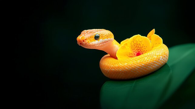 Albino ball python coiled on a dark leaf