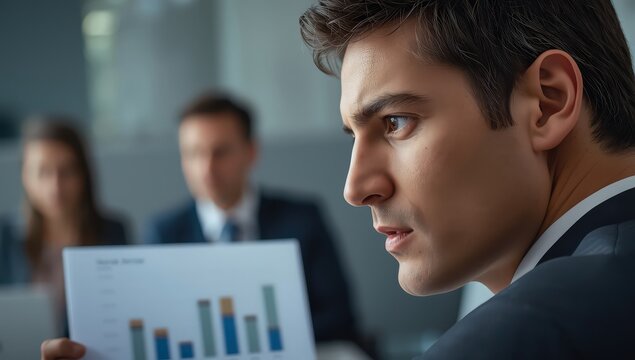 Man in suit analyzing bar graph document in meeting with colleagues looking at the data intently