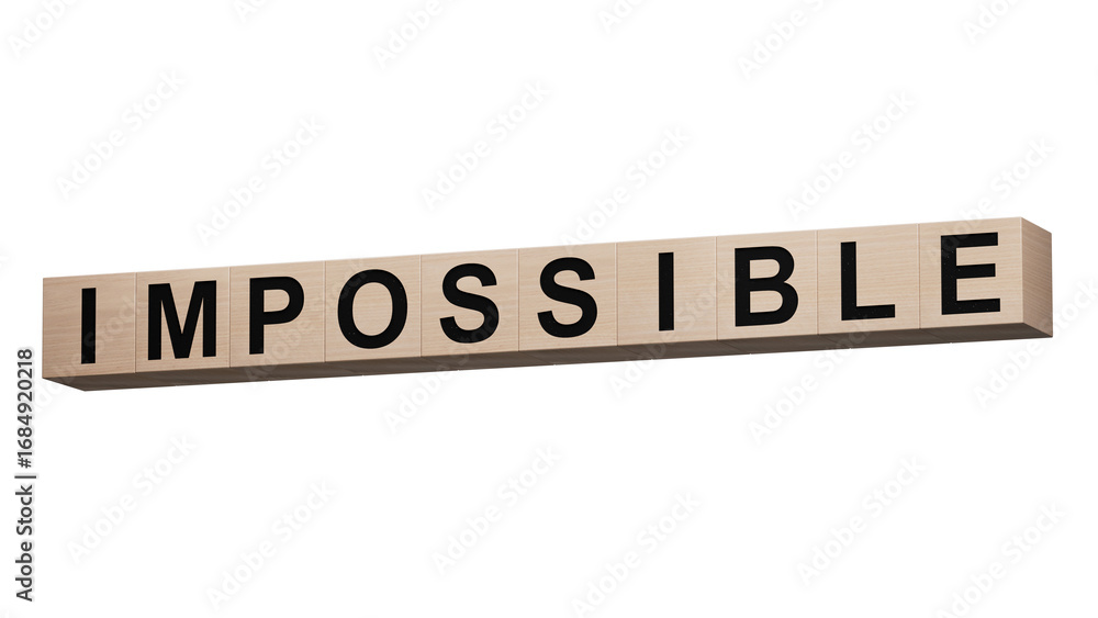 Poster impossible.wooden cubes spelling.flat lay view from above on orange background with wooden cubes but