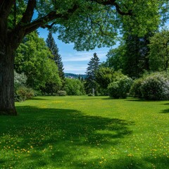 Obraz premium Lush parkland stretches under a canopy of trees on a sunny day