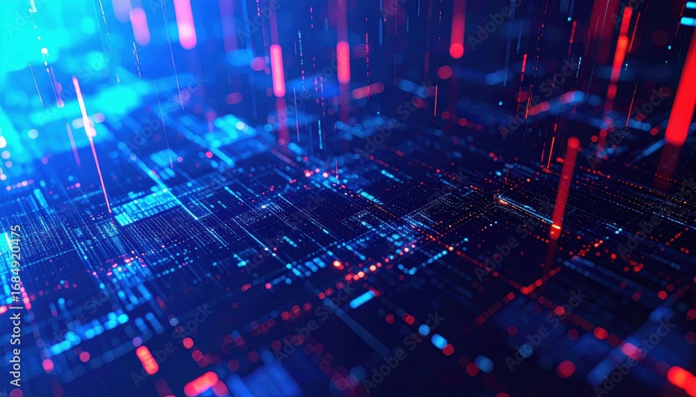 Poster a vibrant digital landscape showcasing a network of lines and light forms in blue and red hues, repr