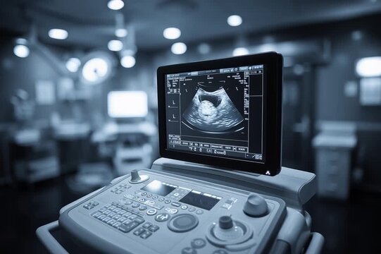 Zbliżenie na obraz USG widoczny na specjalistycznym sprzęcie medycznym podczas badania diagnostycznego