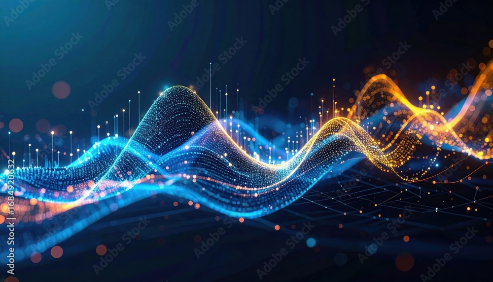 Poster a vibrant digital visualization of waveforms in blue and orange, representing data flow and technolo