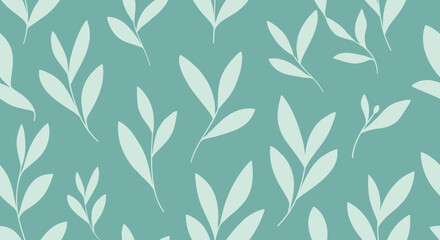 Fototapeta premium Elegant repeating pattern of light green leaves on a serene teal background for naturalistic designs
