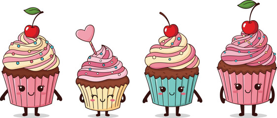 Cute cartoon cupcakes with pink and cream frosting, cherries, heart toppers, smiling faces, colorful sprinkles, adorable dessert vector illustrations.