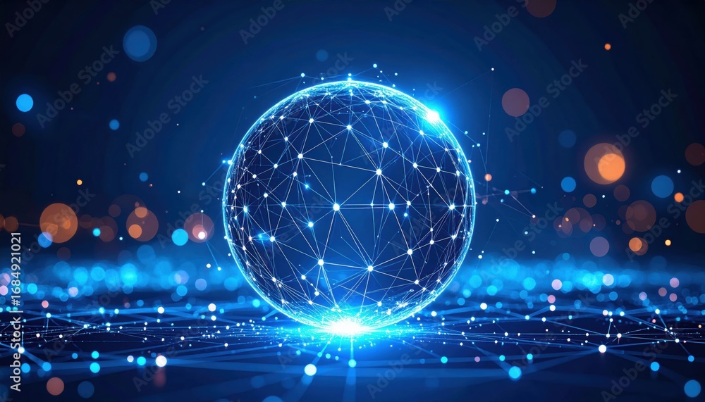 Poster a glowing blue sphere composed of interconnected lines and nodes, set against a dark background with