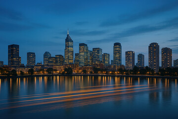 Fototapeta premium Cityscape at Dusk: Reflections on Tranquil Waters, Illuminating a Beautiful Skyline