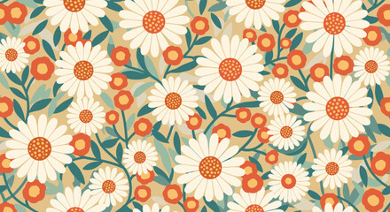 A charming retro inspired floral pattern featuring daisies and berries in a warm earthy palette