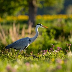 Fototapeta premium Grey heron walks through wildflowers