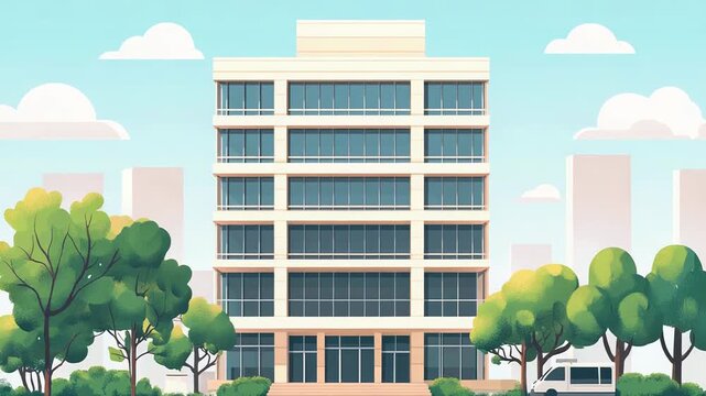 Modern office building with green trees and blue sky in city center