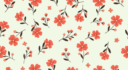 Charming coral flowers pattern with delicate green stems and leaves on a pale yellow background
