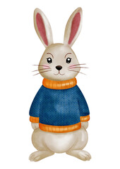 Bunny in Sweater – autumn watercolor clipart
Cute white bunny in a warm sweater surrounded by leaves, hand-painted in watercolor technique, perfect for seasonal projects.