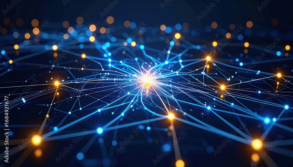 Poster an abstract representation of interconnected networks, featuring vibrant blue and orange lights agai
