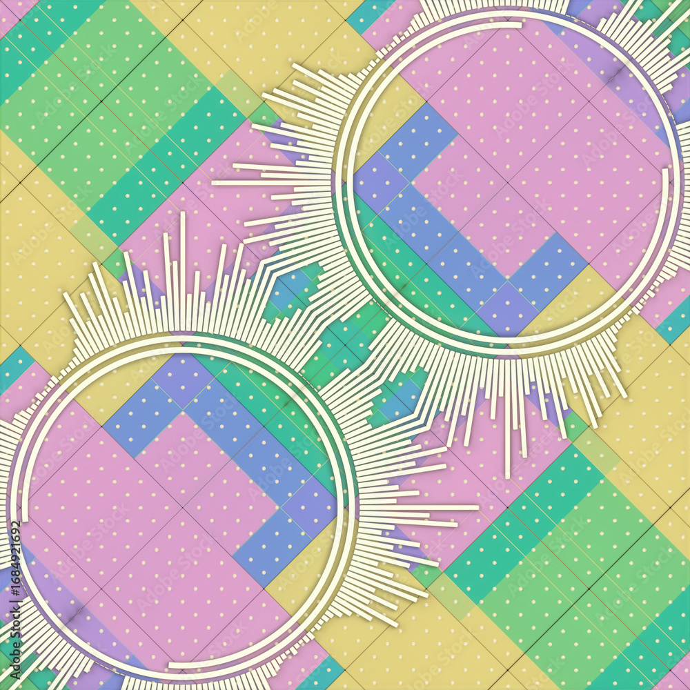 Poster abstract composition with two circles surrounded by radial rays resembling a sound wave. the backgro