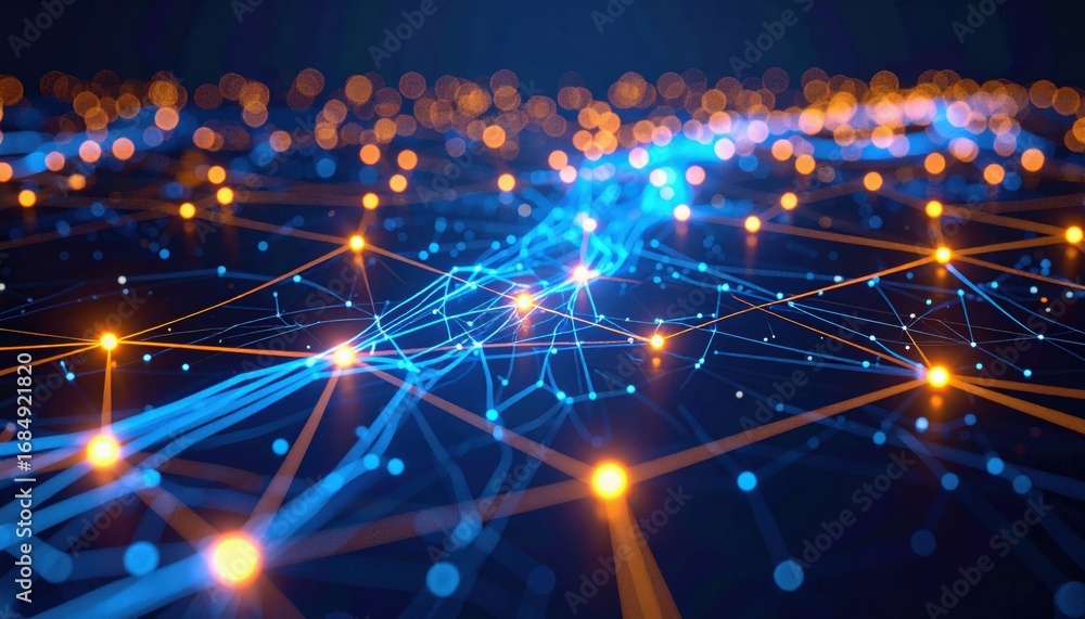 Poster a digital network visual with glowing nodes and lines, representing connectivity and data flow in a 