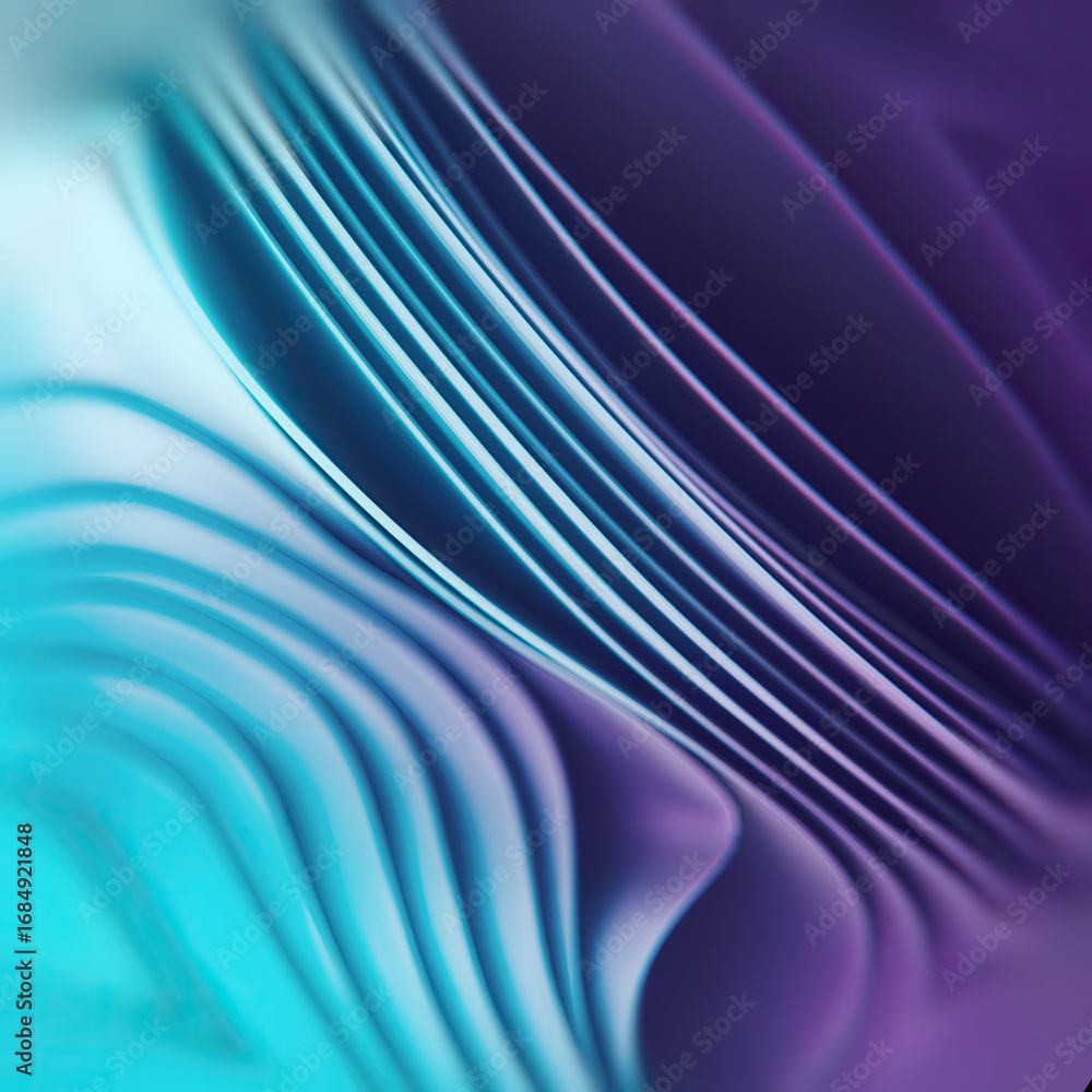 Poster mesmerizing waves of shiny fabric with neon blue-violet gradient. depth of field effect. 3d renderin