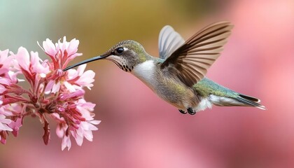 Naklejka premium Vibrant Hummingbird Sipping Nectar from Bright Flowers, Nature s Beauty Captured in Stunning Detail