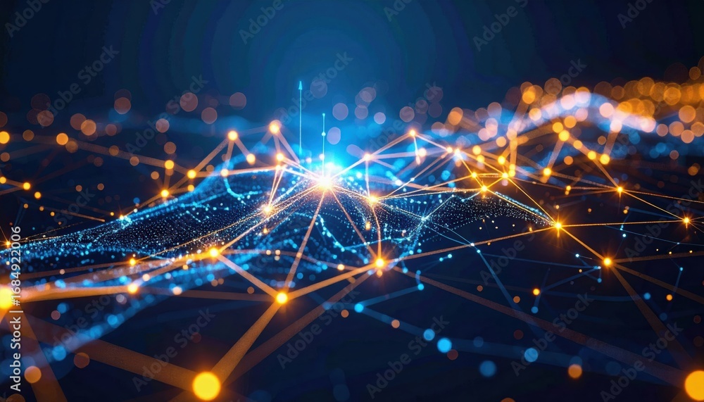 Poster a vibrant digital network of glowing nodes and interconnected lines, representing data flow and tech