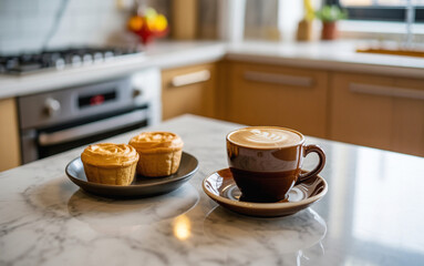 A delightful cappuccino and two pastel de natas sit on a marble countertop in a bright kitchen, inviting a moment of indulgence and culinary pleasure