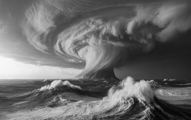 A dramatic monochrome seascape captures the raw power of nature, with a swirling storm cloud looming over turbulent waves, creating a sense of awe and foreboding